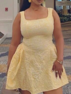 Yellow Textured Square-Neck Fit & Flare Dress